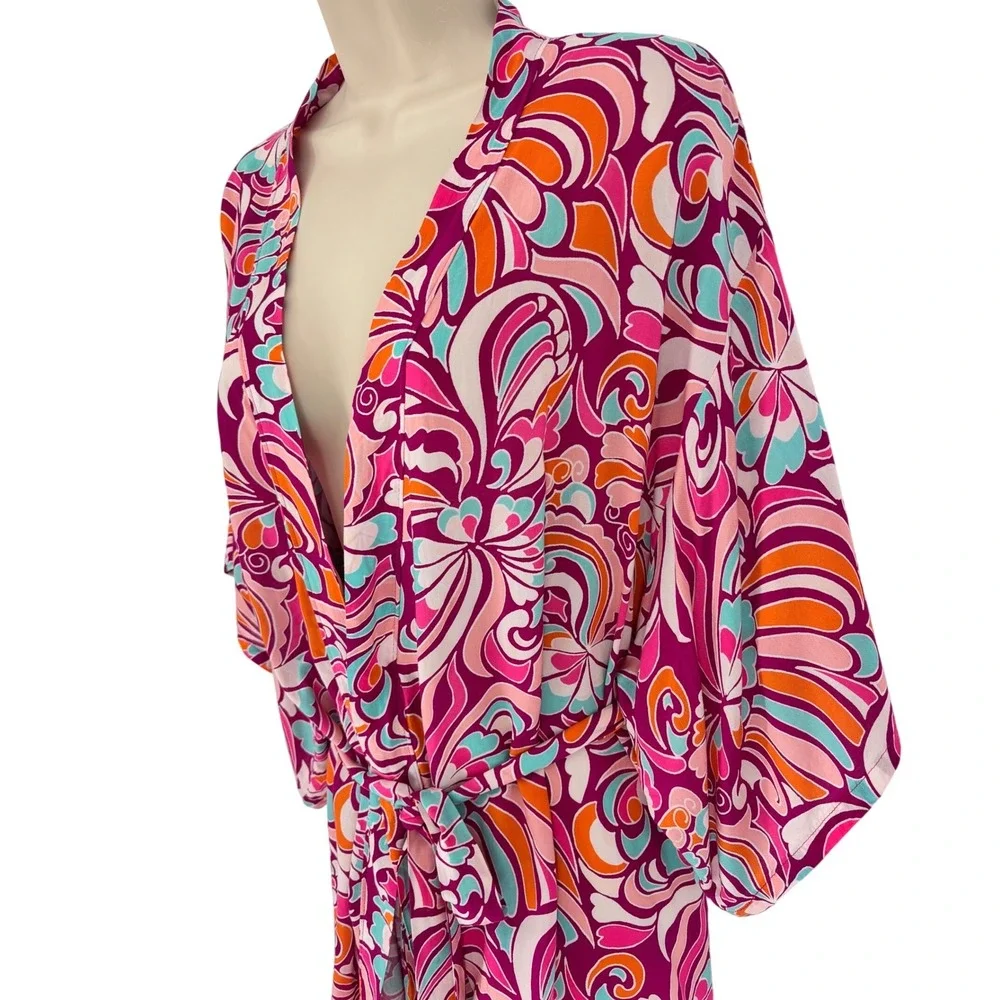 Josie Natori Womens Small Pink Psychedelic Floral Lace Trim Kimono Robe S